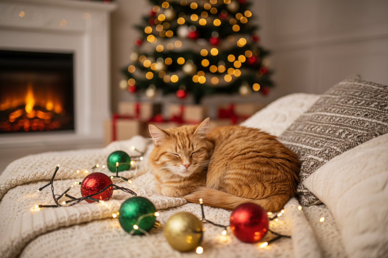 generate an image for my website background with a cozy cat and make it to be christmas